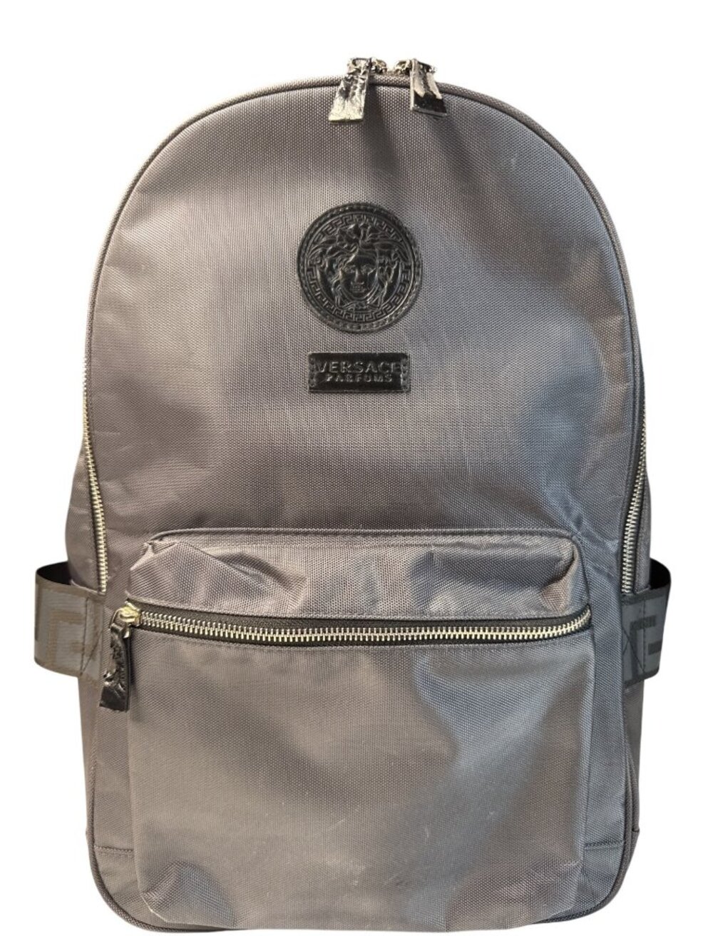 Versace Parfums Gray Backpack W/ Greek Key Straps Front Pocket